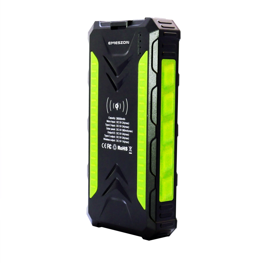 Baterie externa solara A+, Emeszon®, 36000 mAh, Type C USB 3A, incarcare wireless, IP66, LED, Quick Charge 3.0, negru-verde