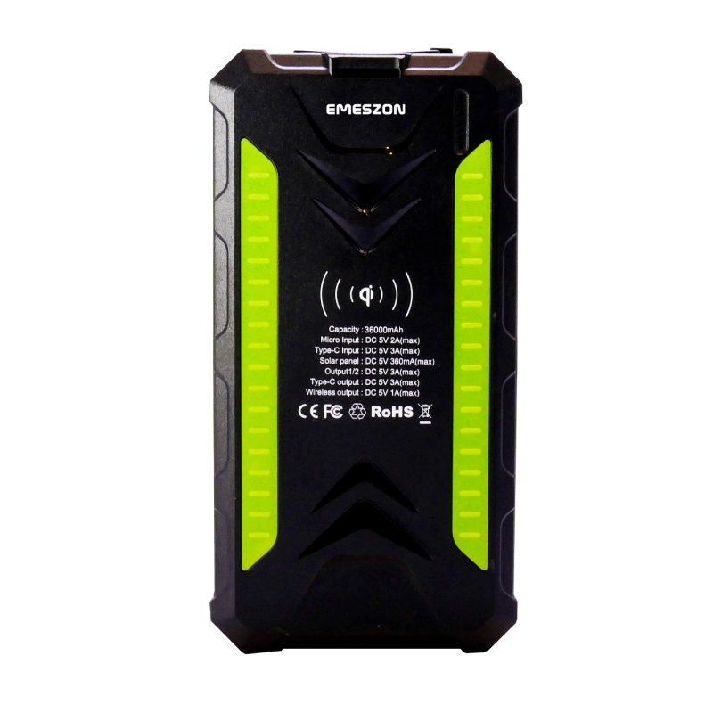 Baterie externa solara A+, Emeszon®, 36000 mAh, Type C USB 3A, incarcare wireless, IP66, LED, Quick Charge 3.0, negru-verde