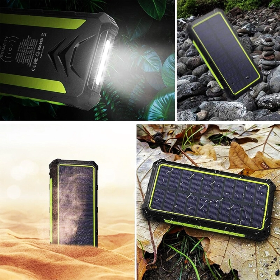 Baterie externa solara A+, Emeszon®, 36000 mAh, Type C USB 3A, incarcare wireless, IP66, LED, Quick Charge 3.0, negru-verde