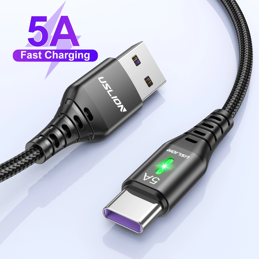Cablu flexibil incarcare 5A Type C LED, Uslion, transfer date si incarcare rapida telefon, 1m, USB C, Quick Charge 3.0, negru