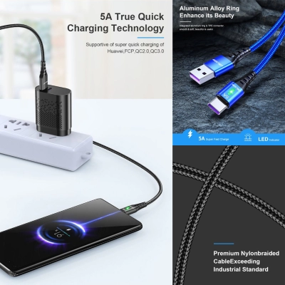 Cablu flexibil incarcare 5A Type C LED, Uslion, transfer date si incarcare rapida telefon, 1m, USB C, Quick Charge 3.0, negru