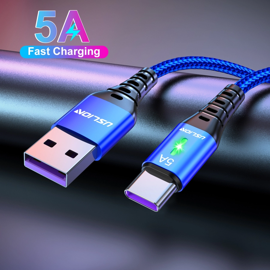 Cablu flexibil incarcare 5A Type C LED, Uslion, transfer date si incarcare rapida telefon, 1m, USB C, Quick Charge 3.0, negru