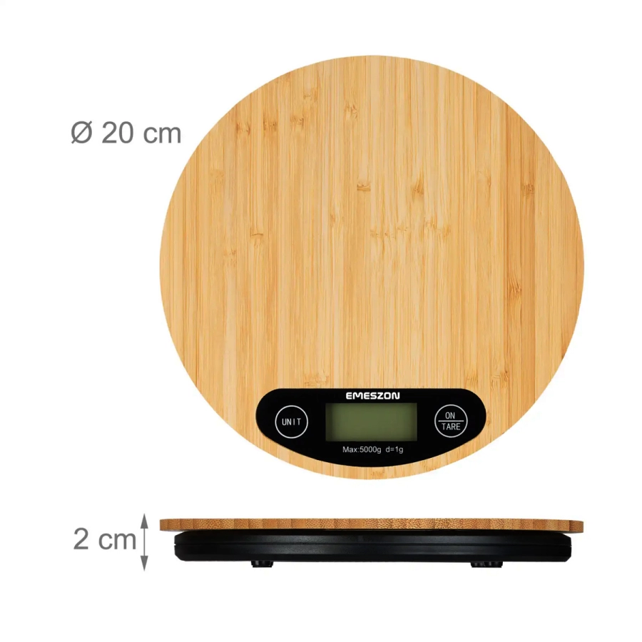 Cantar digital de bucatarie, Emeszon®, blat din lemn de bambus dur de 20cm, cantareste maxim 5Kg, LCD, functia Tare, negru