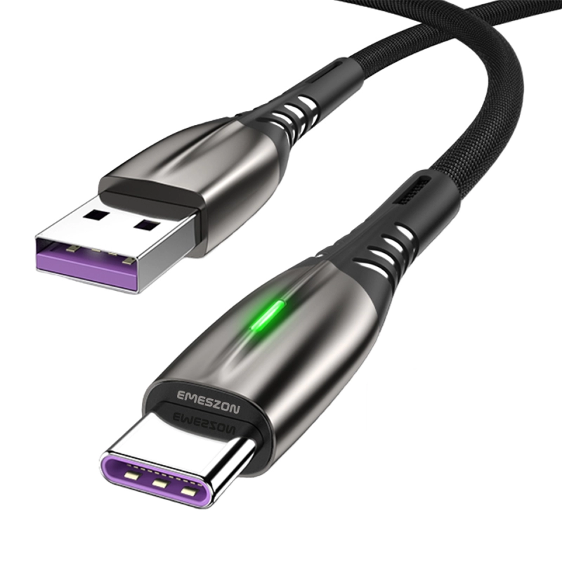 Cablu date LED si incarcare rapida 5A 1m, Emeszon®, Type-C USB transfer date, incarcare telefon tableta, Quick Charge 3.0, negru
