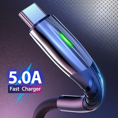 Cablu date LED si incarcare rapida 5A 1m, Emeszon®, Type-C USB transfer date, incarcare telefon tableta, Quick Charge 3.0, rosu