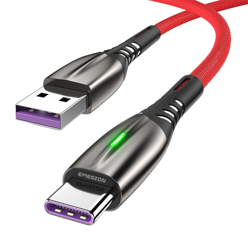 Cablu date LED si incarcare rapida 5A 1m, Emeszon®, Type-C USB transfer date, incarcare telefon tableta, Quick Charge 3.0, rosu