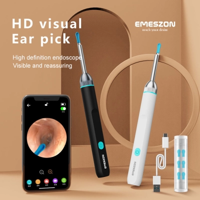 Otoscop Smart Slim curatare urechi, Emeszon®, pentru Copii si Adulti, Camera 5MP HD 1080p, IP67, LED, WIFI, acumulator, negru