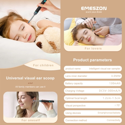 Otoscop Smart Slim curatare urechi, Emeszon®, pentru Copii si Adulti, Camera 5MP HD 1080p, IP67, LED, WIFI, acumulator, negru