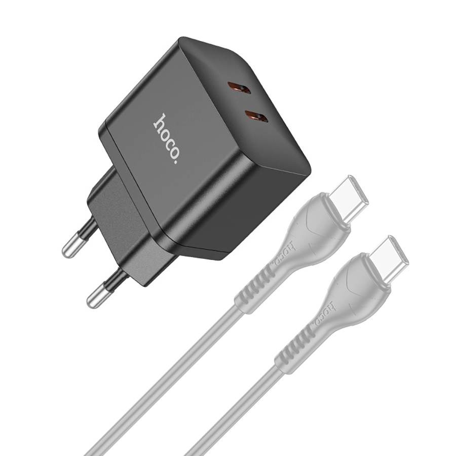 Incarcator retea Dual Type-C, Hoco N29, PD 35W, 2 porturi + Cablu Date Incarcare Tip C 100W-240W Emeszon®, 8K 4K 60Hz, negru