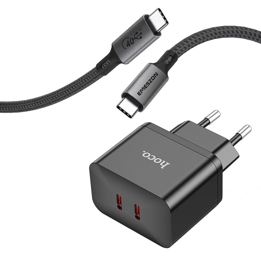 Incarcator retea Dual Type-C, Hoco N29, PD 35W, 2 porturi + Cablu Date Incarcare Tip C 100W-240W Emeszon®, 8K 4K 60Hz, negru
