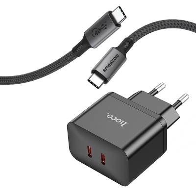 Incarcator retea Dual Type-C, Hoco N29, PD 35W, 2 porturi + Cablu Date Incarcare Tip C 100W-240W Emeszon®, 8K 4K 60Hz, negru