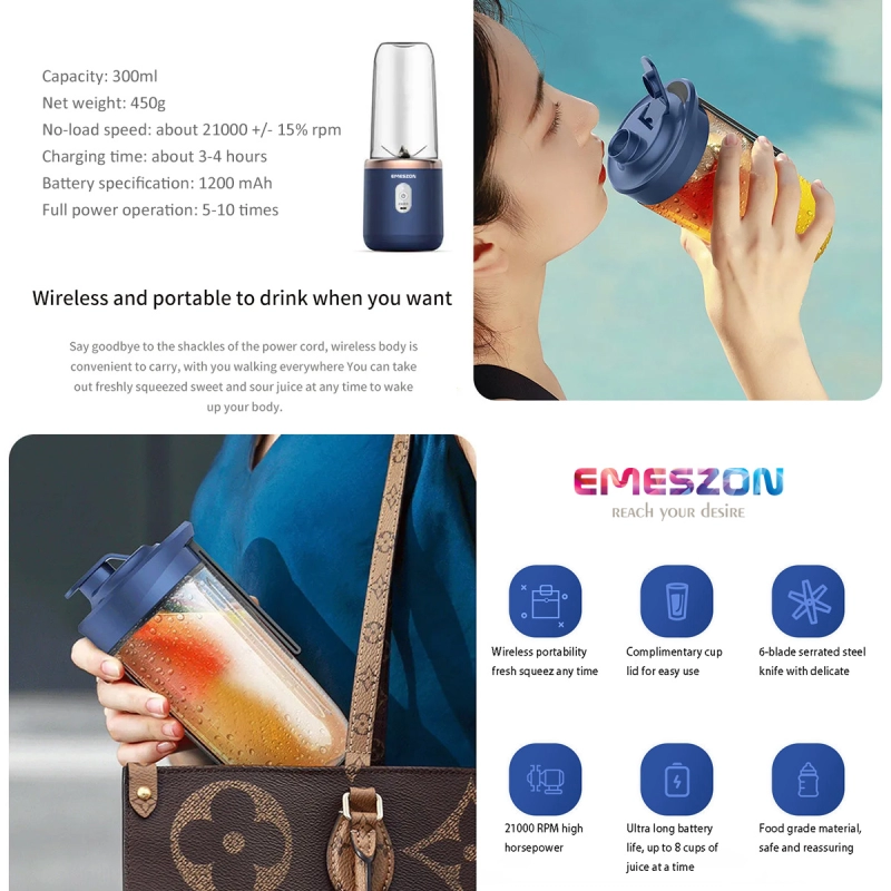Mini Blender Storcator Portabil Fructe, Emeszon®, BLD1000, Incarcare Micro USB, 6 Lame din Inox, Putere 40W 21000 RPM, albastru