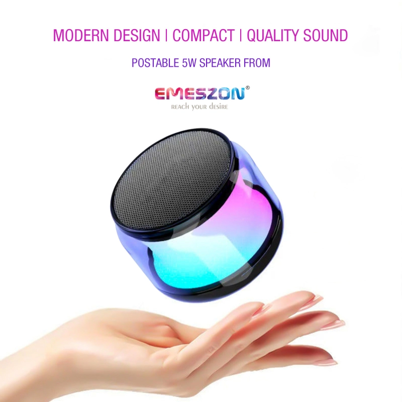 Boxa portabila cu Radio FM RGB 360 S17 LED, Emeszon®, Sunet 5W, Bluetooth 5.1, IPX6, Micro USB, Slot card Micro SD, Jack, negru