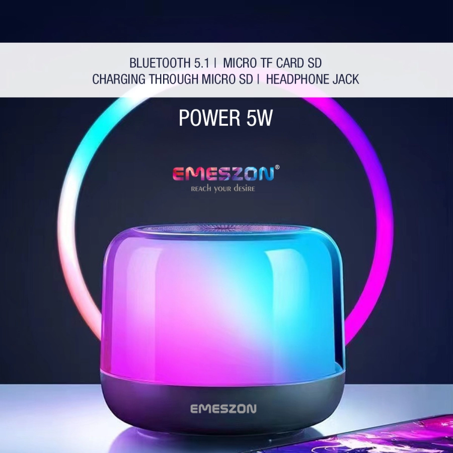 Boxa portabila cu Radio FM RGB 360 S17 LED, Emeszon®, Sunet 5W, Bluetooth 5.1, IPX6, Micro USB, Slot card Micro SD, Jack, negru