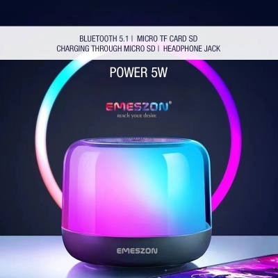 Boxa portabila cu Radio FM RGB 360 S17 LED, Emeszon®, Sunet 5W, Bluetooth 5.1, IPX6, Micro USB, Slot card Micro SD, Jack, negru