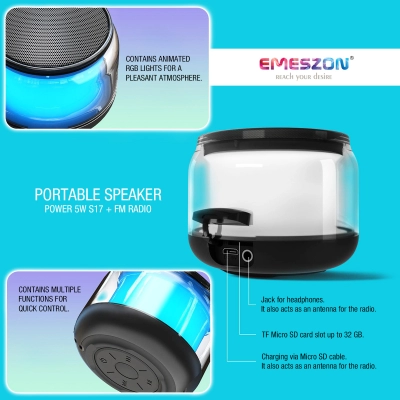 Boxa portabila cu Radio FM RGB 360 S17 LED, Emeszon®, Sunet 5W, Bluetooth 5.1, IPX6, Micro USB, Slot card Micro SD, Jack, negru