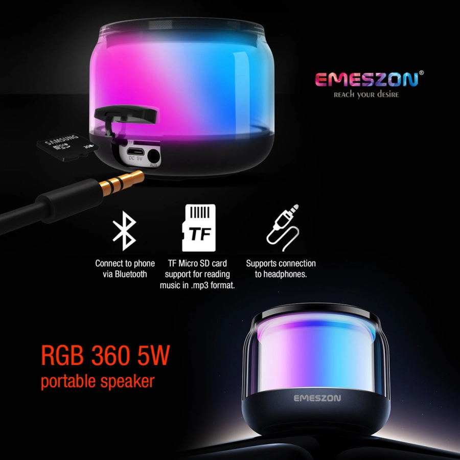 Boxa portabila cu Radio FM RGB 360 S17 LED, Emeszon®, Sunet 5W, Bluetooth 5.1, IPX6, Micro USB, Slot card Micro SD, Jack, negru