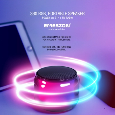 Boxa portabila cu Radio FM RGB 360 S17 LED, Emeszon®, Sunet 5W, Bluetooth 5.1, IPX6, Micro USB, Slot card Micro SD, Jack, negru