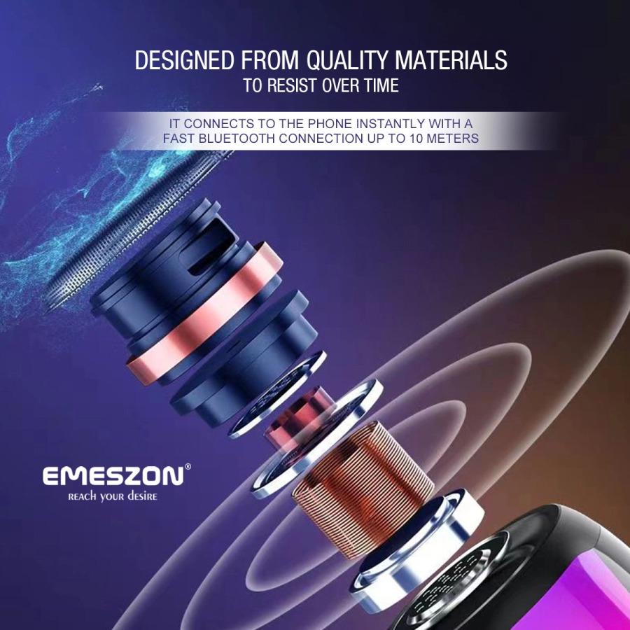 Boxa portabila cu Radio FM RGB 360 S17 LED, Emeszon®, Sunet 5W, Bluetooth 5.1, IPX6, Micro USB, Slot card Micro SD, Jack, negru