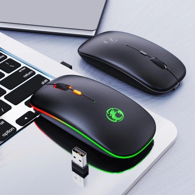 Mouse Gaming Wireless RGB iMice, Silentios, Slim, 4 Butoane, Acumulator, pentru PC, Laptop, Tableta, Telefon, TV, M-E1300, negru