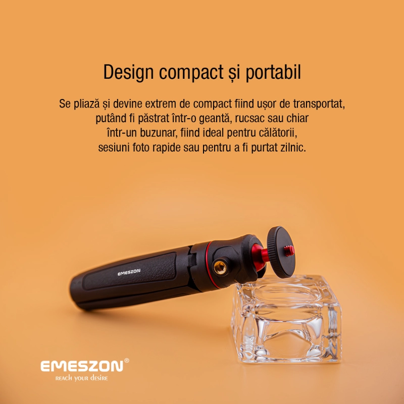 Trepied mini TM-02 EMESZON®, Filet 1/4 inch, Cap rotativ 360°, Coldshoe, Selfie stick si Trepied pentru camere Foto Video, negru