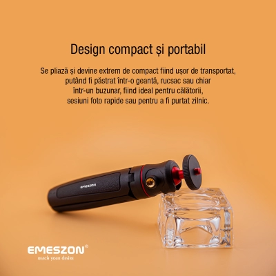 Trepied mini TM-02 EMESZON®, Filet 1/4 inch, Cap rotativ 360°, Coldshoe, Selfie stick si Trepied pentru camere Foto Video, negru