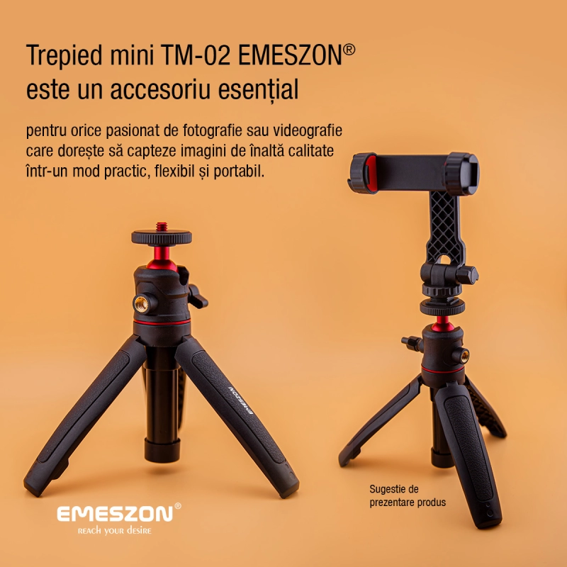 Trepied mini TM-02 EMESZON®, Filet 1/4 inch, Cap rotativ 360°, Coldshoe, Selfie stick si Trepied pentru camere Foto Video, negru