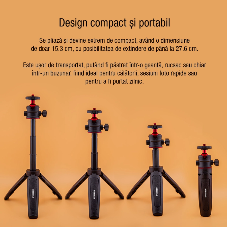 Trepied mini TM-02 EMESZON®, Filet 1/4 inch, Cap rotativ 360°, Coldshoe, Selfie stick si Trepied pentru camere Foto Video, negru