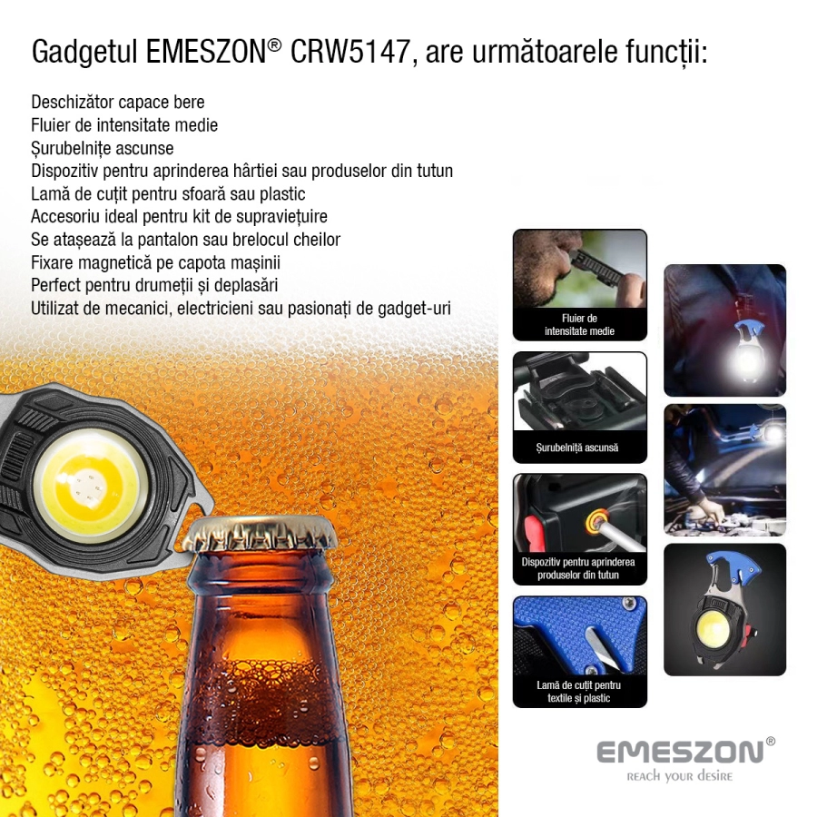 Lanterna versatila COB LED 40W, tip Gadget, EMESZON® CRW5147, 6 Moduri de iluminare, Breloc, Kit de supravietuire, portocaliu