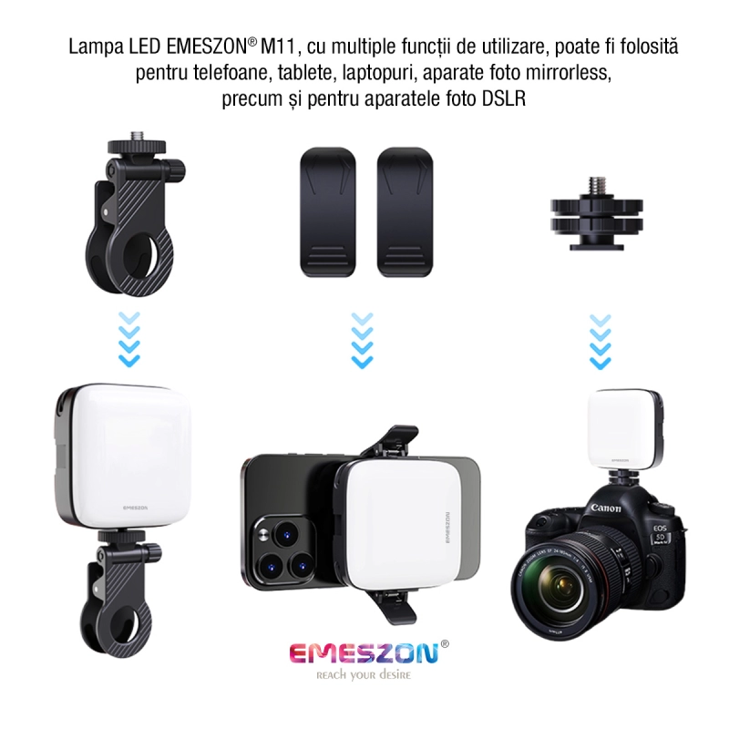 Lampa Selfie LED Tricolora Profesionala si Portabila, EMESZON® M11, 25W, Type-C, Culoare 3000K-9900K, Acumulator 2000 mAh, negru