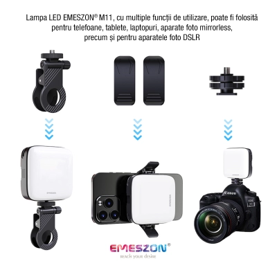 Lampa Selfie LED Tricolora Profesionala si Portabila, EMESZON® M11, 25W, Type-C, Culoare 3000K-9900K, Acumulator 2000 mAh, negru