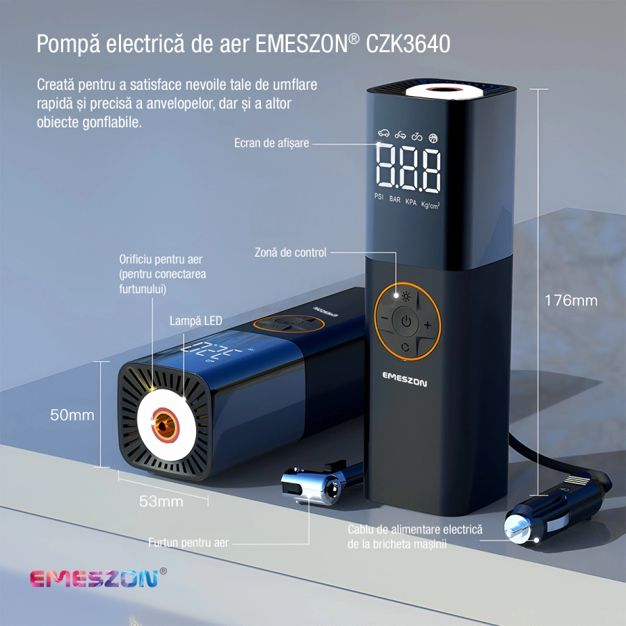 Compresor Auto aer 4 in 1, EMESZON® CZK3640, Lampa LED, 12V, 70W, 120psi, Pompa aer umflat Anvelope, Roti, Mingii, Colace, Negru