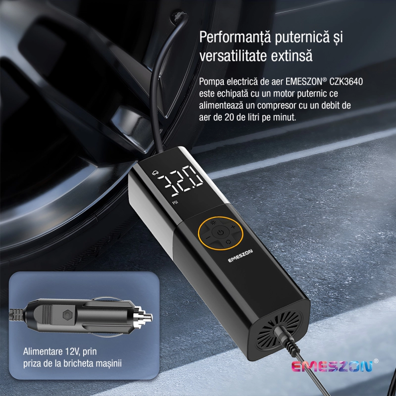 Compresor Auto aer 4 in 1, EMESZON® CZK3640, Lampa LED, 12V, 70W, 120psi, Pompa aer umflat Anvelope, Roti, Mingii, Colace, Negru