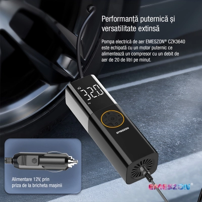 Compresor Auto aer 4 in 1, EMESZON® CZK3640, Lampa LED, 12V, 70W, 120psi, Pompa aer umflat Anvelope, Roti, Mingii, Colace, Negru