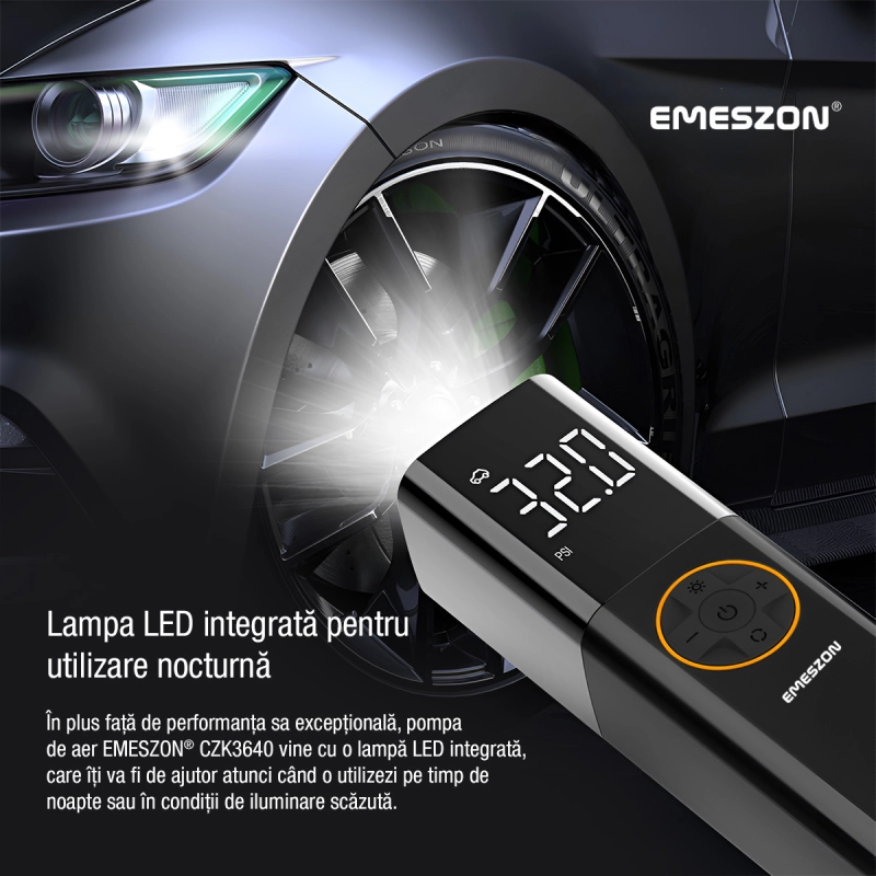 Compresor Auto aer 4 in 1, EMESZON® CZK3640, Lampa LED, 12V, 70W, 120psi, Pompa aer umflat Anvelope, Roti, Mingii, Colace, Negru