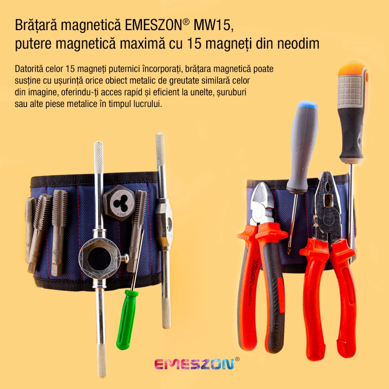 Bratara Magnetica unelte si scule, EMESZON® MW15, 15 Magneti Neodim Puternici, sustine suruburi, cuie, piulite, saibe, Albastru