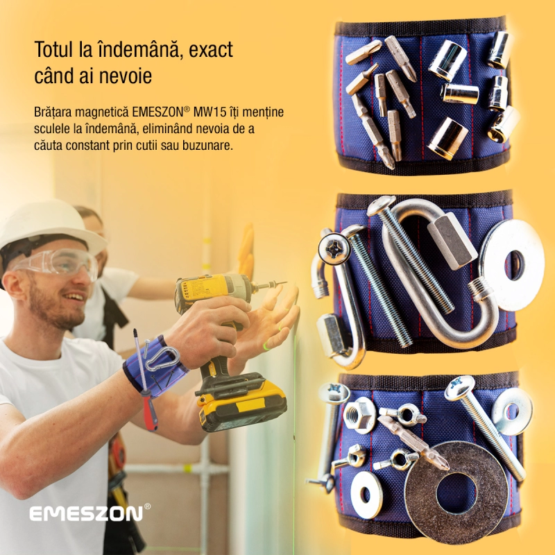 Bratara Magnetica unelte si scule, EMESZON® MW15, 15 Magneti Neodim Puternici, sustine suruburi, cuie, piulite, saibe, Albastru