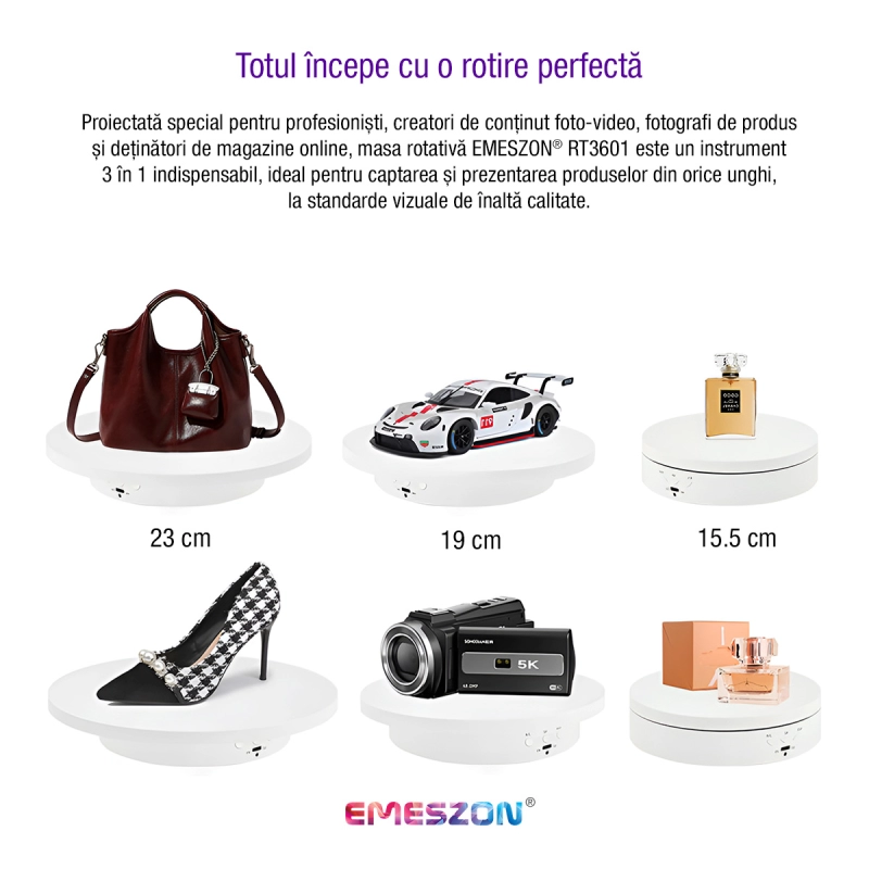 Masa Rotativa 360 electronica Foto si Video, EMESZON® RT3601, Reflexie Oglinda, Stand Rotativ 3 in 1, Prezentare produse, Alb