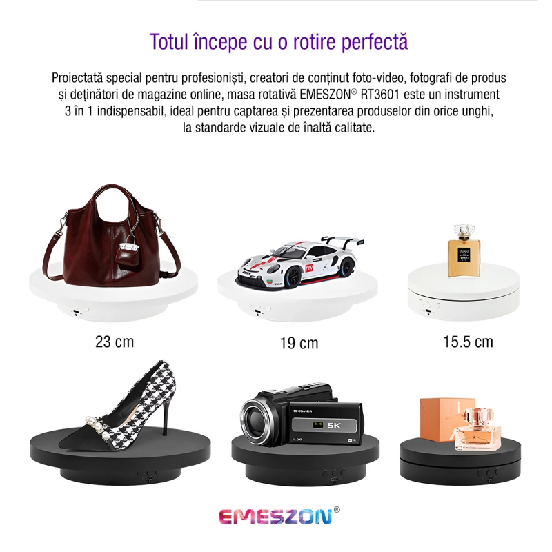 Masa Rotativa 360 electronica Foto si Video, EMESZON® RT3601, Reflexie Oglinda, Stand Rotativ 3 in 1, Prezentare produse, Negru