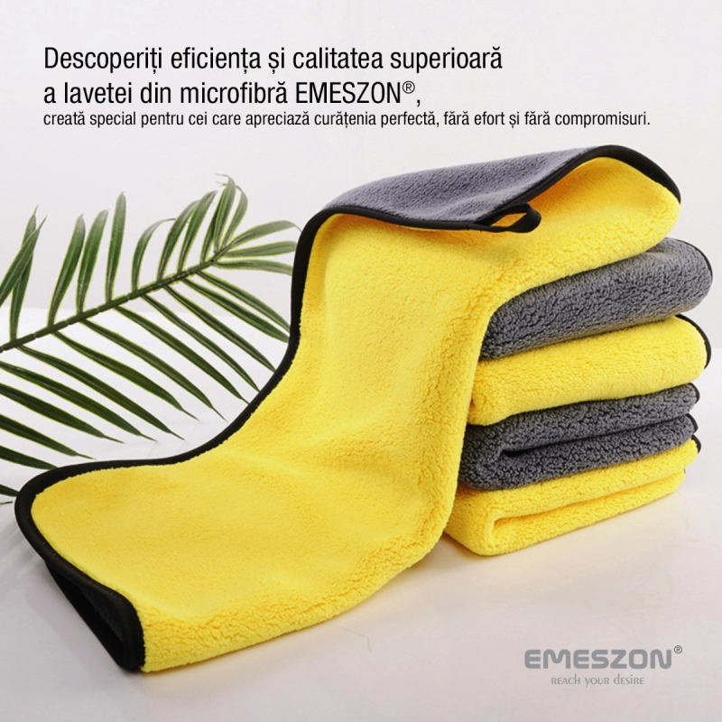 Laveta din Microfibra pura si super absorbanta EMESZON®, 60x40 cm, 800 GSM, pentru curatare masina, geamuri, monitor, gri-galben