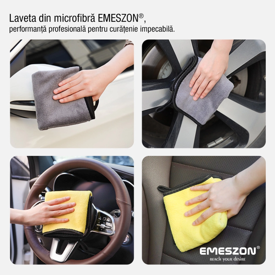 Laveta din Microfibra pura si super absorbanta EMESZON®, 60x40 cm, 800 GSM, pentru curatare masina, geamuri, monitor, gri-galben