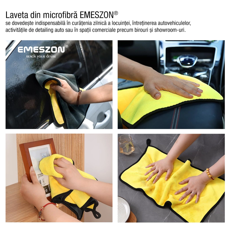 Laveta din Microfibra pura si super absorbanta EMESZON®, 60x40 cm, 800 GSM, pentru curatare masina, geamuri, monitor, gri-galben