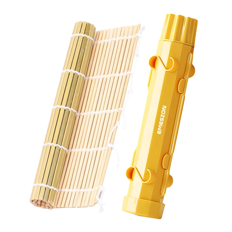 Set complet Sushi Rolls 2, EMESZON® Aparat manual de rulat Sushi cu rola bambus pentru pasionatii de bucataria Asiatica, galben