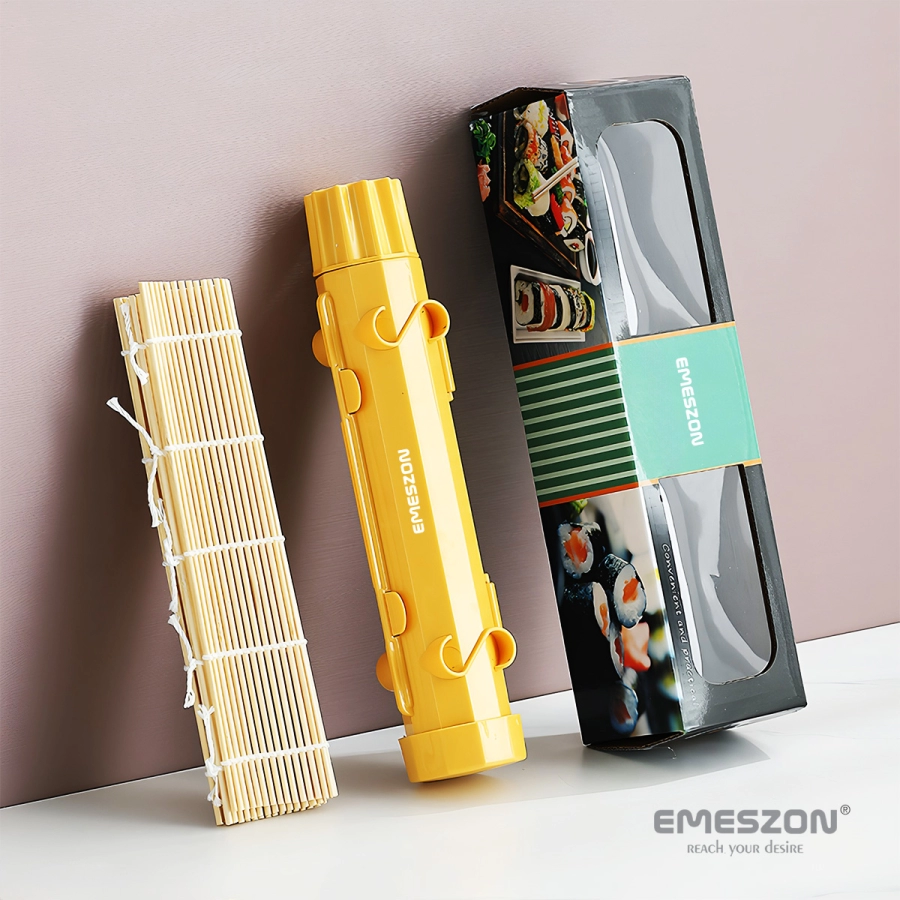 Set complet Sushi Rolls 2, EMESZON® Aparat manual de rulat Sushi cu rola bambus pentru pasionatii de bucataria Asiatica, galben