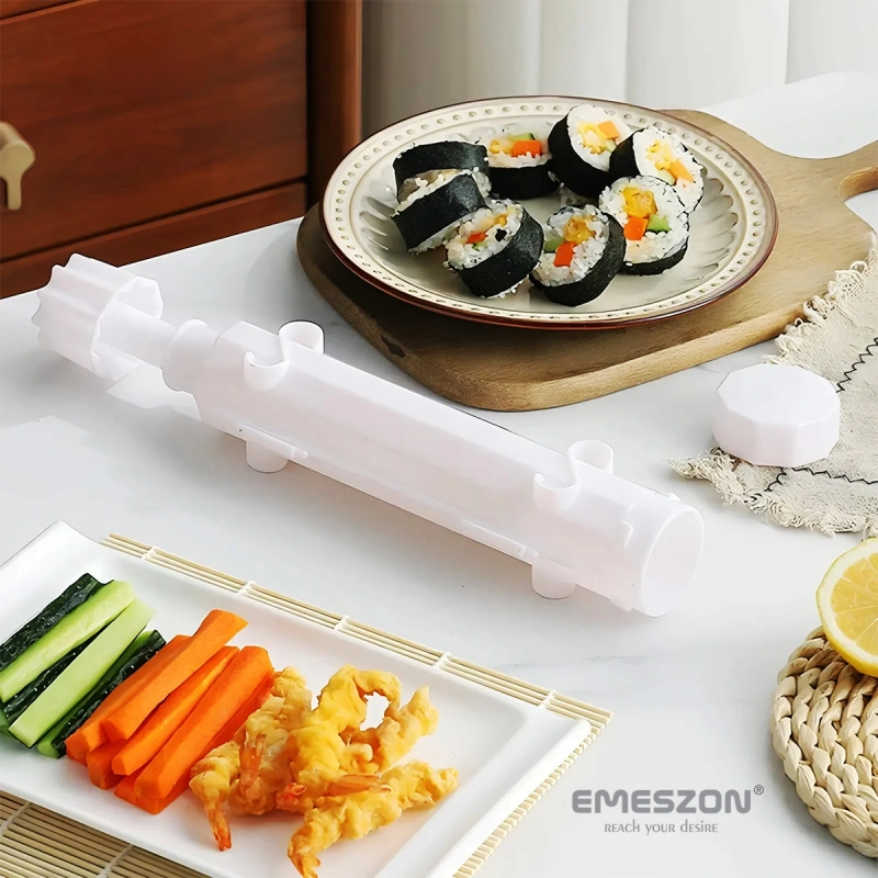 Set complet Sushi Rolls 2, EMESZON® Aparat manual de rulat Sushi cu rola bambus pentru pasionatii de bucataria Asiatica, galben