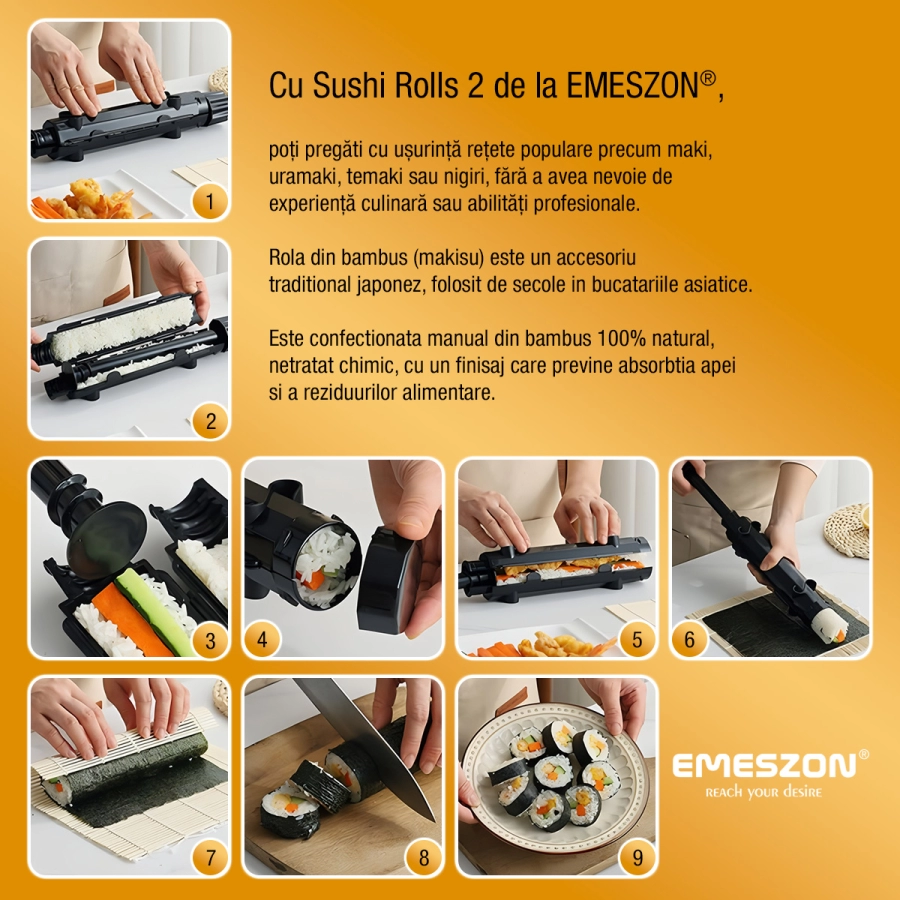 Set complet Sushi Rolls 2, EMESZON® Aparat manual de rulat Sushi cu rola bambus pentru pasionatii de bucataria Asiatica, galben