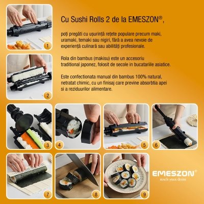 Set complet Sushi Rolls 2, EMESZON® Aparat manual de rulat Sushi cu rola bambus pentru pasionatii de bucataria Asiatica, galben