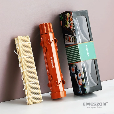 Set complet Sushi Rolls 2, EMESZON® Aparat manual de rulat Sushi cu rola bambus pentru pasionatii de bucataria Asiatica, rosu