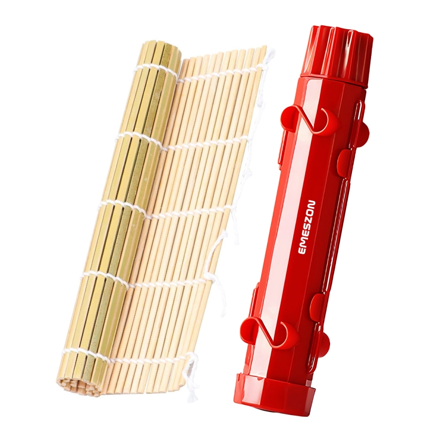 Set complet Sushi Rolls 2, EMESZON® Aparat manual de rulat Sushi cu rola bambus pentru pasionatii de bucataria Asiatica, rosu Set complet Sushi Rolls 2, EMESZON® Aparat manual de rulat Sushi cu rola bambus pentru pasionatii de bucataria Asiatica, rosu