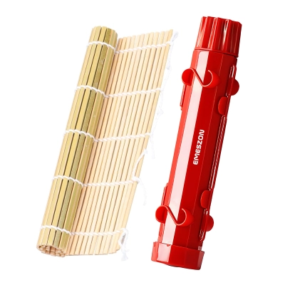Set complet Sushi Rolls 2, EMESZON® Aparat manual de rulat Sushi cu rola bambus pentru pasionatii de bucataria Asiatica, rosu